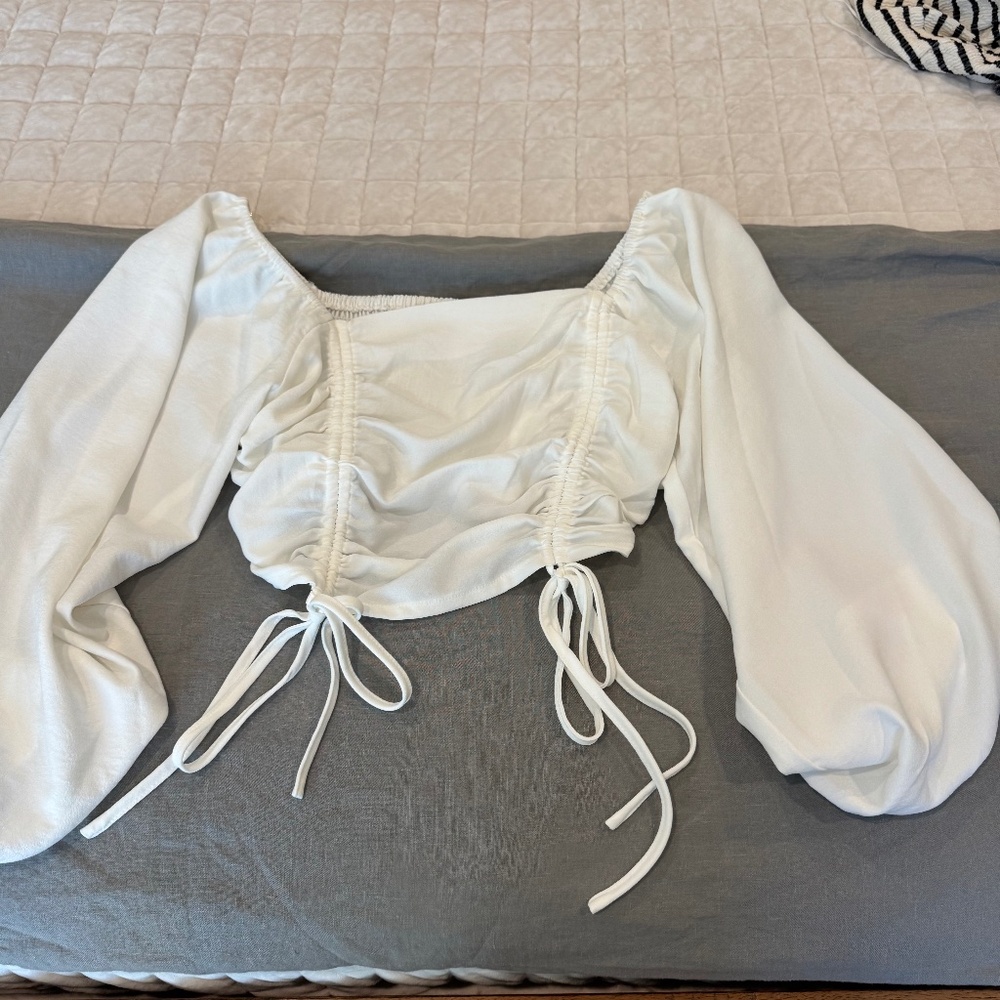 White Ruched Tie-Front Crop Top